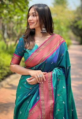 Teal zari woven silk women's saree with blouse piece 3