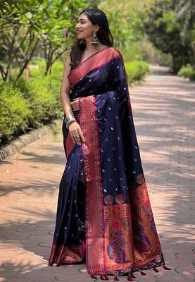 Navy blue zari woven silk women's saree with blouse piece 1