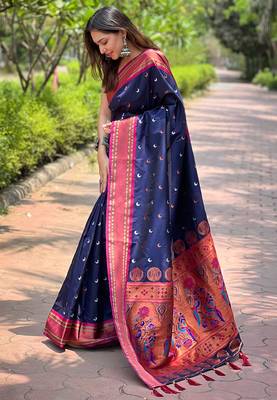 Navy blue zari woven silk women's saree with blouse piece 2