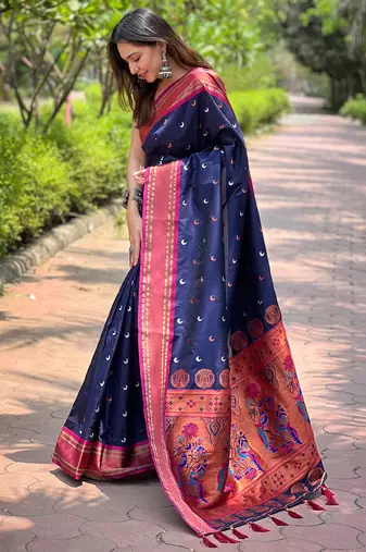 Navy blue zari woven silk women's saree with blouse piece