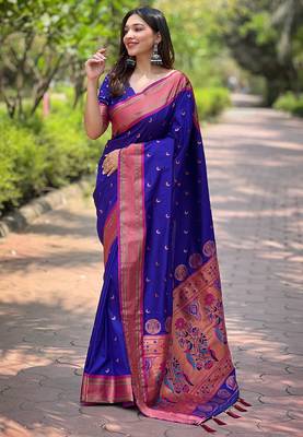 Royal blue zari woven silk women's saree with blouse piece 1