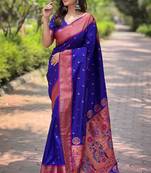 Royal blue zari woven silk women's saree with blouse piece