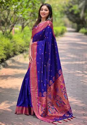 Royal blue zari woven silk women's saree with blouse piece 2