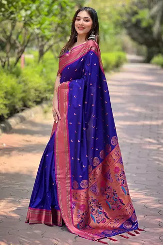 Royal blue zari woven silk women's saree with blouse piece