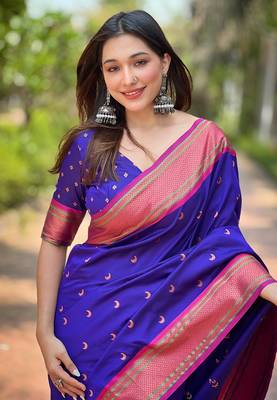 Royal blue zari woven silk women's saree with blouse piece 3
