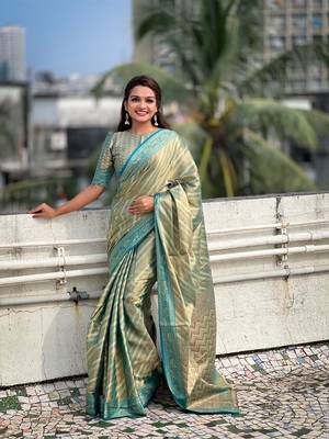 Blue zari woven tissue silk saree with unstitched blouse piece 1