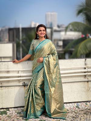 Blue zari woven tissue silk saree with unstitched blouse piece 2