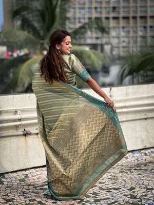Blue zari woven tissue silk saree with unstitched blouse piece 3