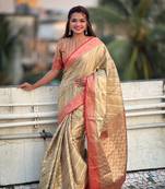 Beige zari woven tissue silk saree with unstitched blouse piece