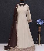Beige heavy faux georgette with embroidery sequence work unstitched anarkali suit