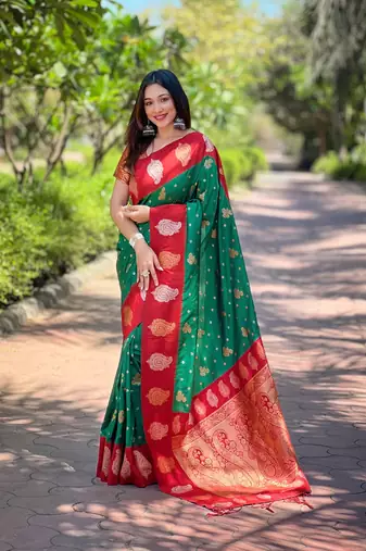 Green zari woven silk women's saree with blouse piece