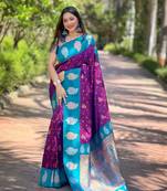 Purple zari woven silk women's saree with blouse piece