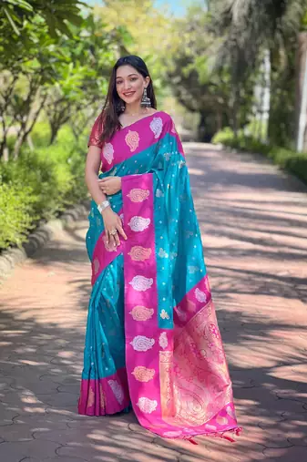 Sky blue zari woven silk women's saree with blouse piece