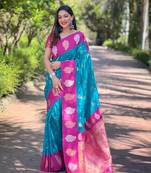 Sky blue zari woven silk women's saree with blouse piece