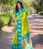 Parrot green zari woven silk women's saree with blouse piece