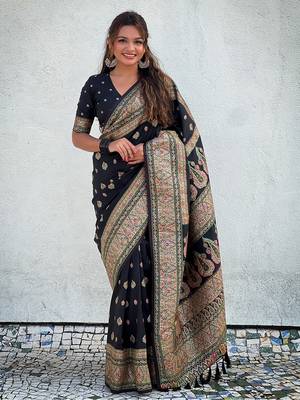 Black kashmiri work pashmina silk saree with unstitched blouse piece 1