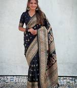 Black kashmiri work pashmina silk saree with unstitched blouse piece