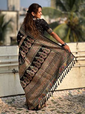 Black kashmiri work pashmina silk saree with unstitched blouse piece 2