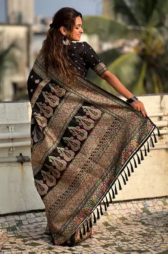 Black kashmiri work pashmina silk saree with unstitched blouse piece