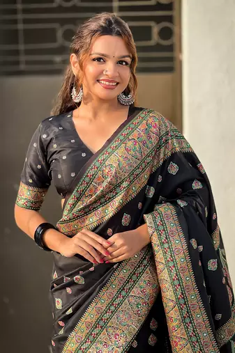 Black kashmiri work pashmina silk saree with unstitched blouse piece