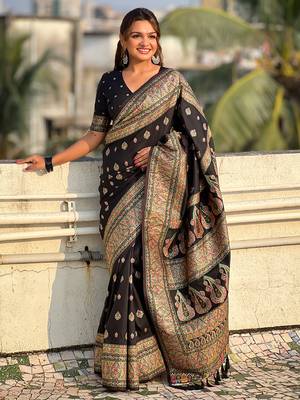 Black kashmiri work pashmina silk saree with unstitched blouse piece 4
