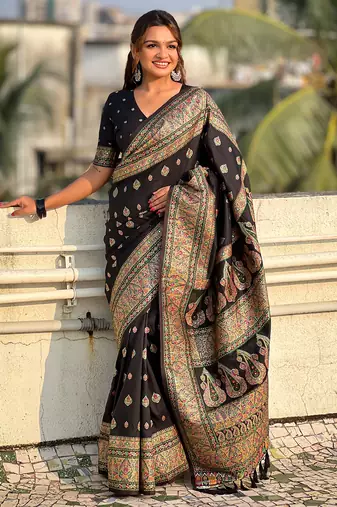 Black kashmiri work pashmina silk saree with unstitched blouse piece