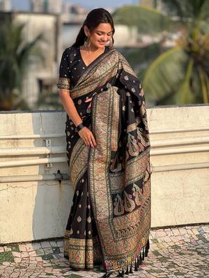 Black kashmiri work pashmina silk saree with unstitched blouse piece 5