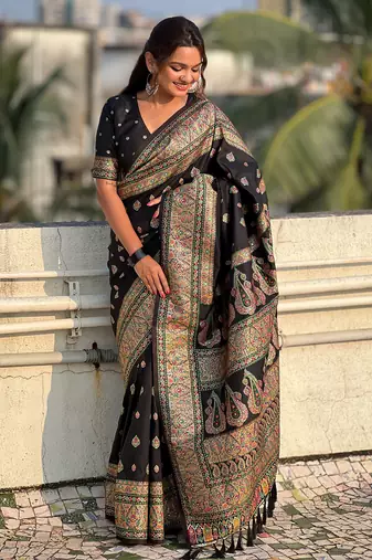 Black kashmiri work pashmina silk saree with unstitched blouse piece