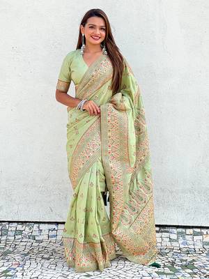 Green kashmiri work pashmina silk saree with unstitched blouse piece 1