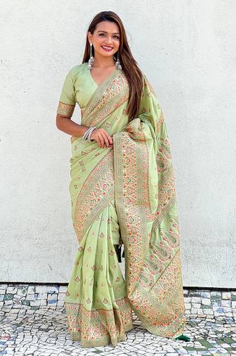 Green kashmiri work pashmina silk saree with unstitched blouse piece