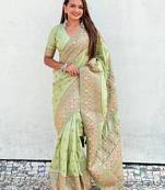 Green kashmiri work pashmina silk saree with unstitched blouse piece