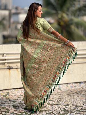 Green kashmiri work pashmina silk saree with unstitched blouse piece 2