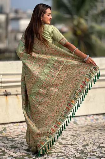 Green kashmiri work pashmina silk saree with unstitched blouse piece
