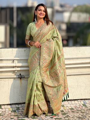 Green kashmiri work pashmina silk saree with unstitched blouse piece 4