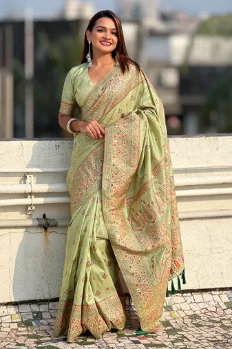 Green kashmiri work pashmina silk saree with unstitched blouse piece