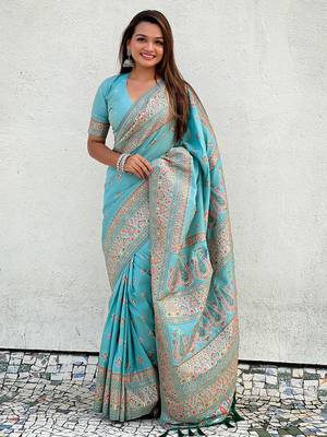 Blue kashmiri work pashmina silk saree with unstitched blouse piece 1