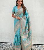 Blue kashmiri work pashmina silk saree with unstitched blouse piece