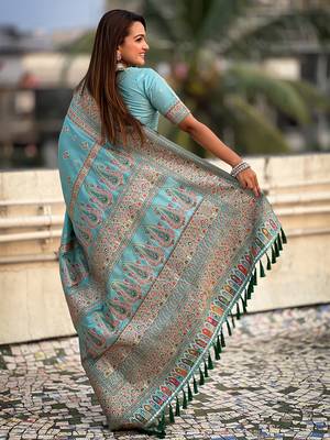 Blue kashmiri work pashmina silk saree with unstitched blouse piece 2