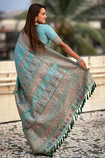 Blue kashmiri work pashmina silk saree with unstitched blouse piece