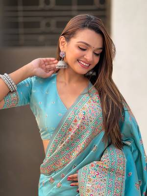 Blue kashmiri work pashmina silk saree with unstitched blouse piece 3
