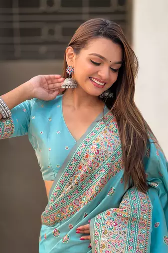 Blue kashmiri work pashmina silk saree with unstitched blouse piece