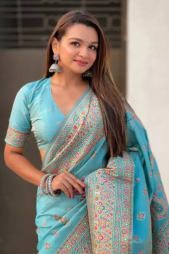 Blue kashmiri work pashmina silk saree with unstitched blouse piece