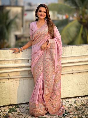 Lavender kashmiri work pashmina silk saree with unstitched blouse piece 1