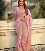 Lavender kashmiri work pashmina silk saree with unstitched blouse piece