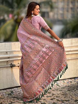 Lavender kashmiri work pashmina silk saree with unstitched blouse piece 2
