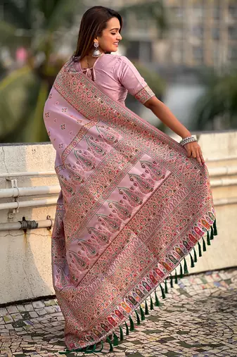 Lavender kashmiri work pashmina silk saree with unstitched blouse piece