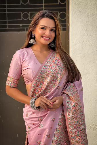 Lavender kashmiri work pashmina silk saree with unstitched blouse piece