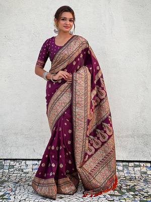 Purple kashmiri work pashmina silk saree with unstitched blouse piece 1