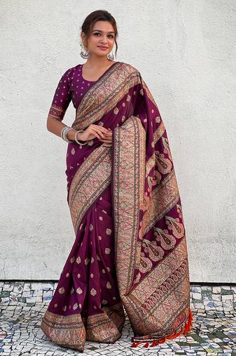 Purple kashmiri work pashmina silk saree with unstitched blouse piece