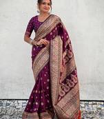 Purple kashmiri work pashmina silk saree with unstitched blouse piece